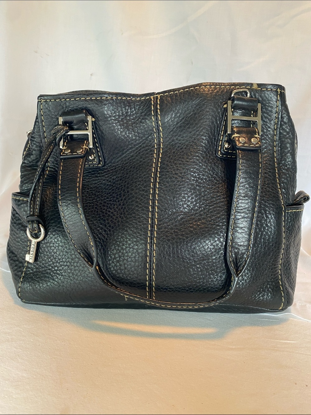Fossil Blackburn Black Leather Shoulder Bag with Contrast Stitching
